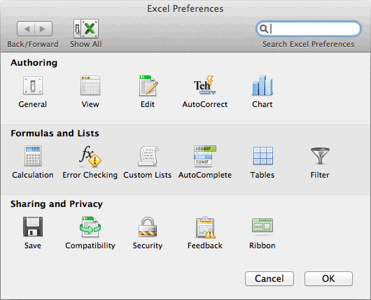 turn off excel for mac functions